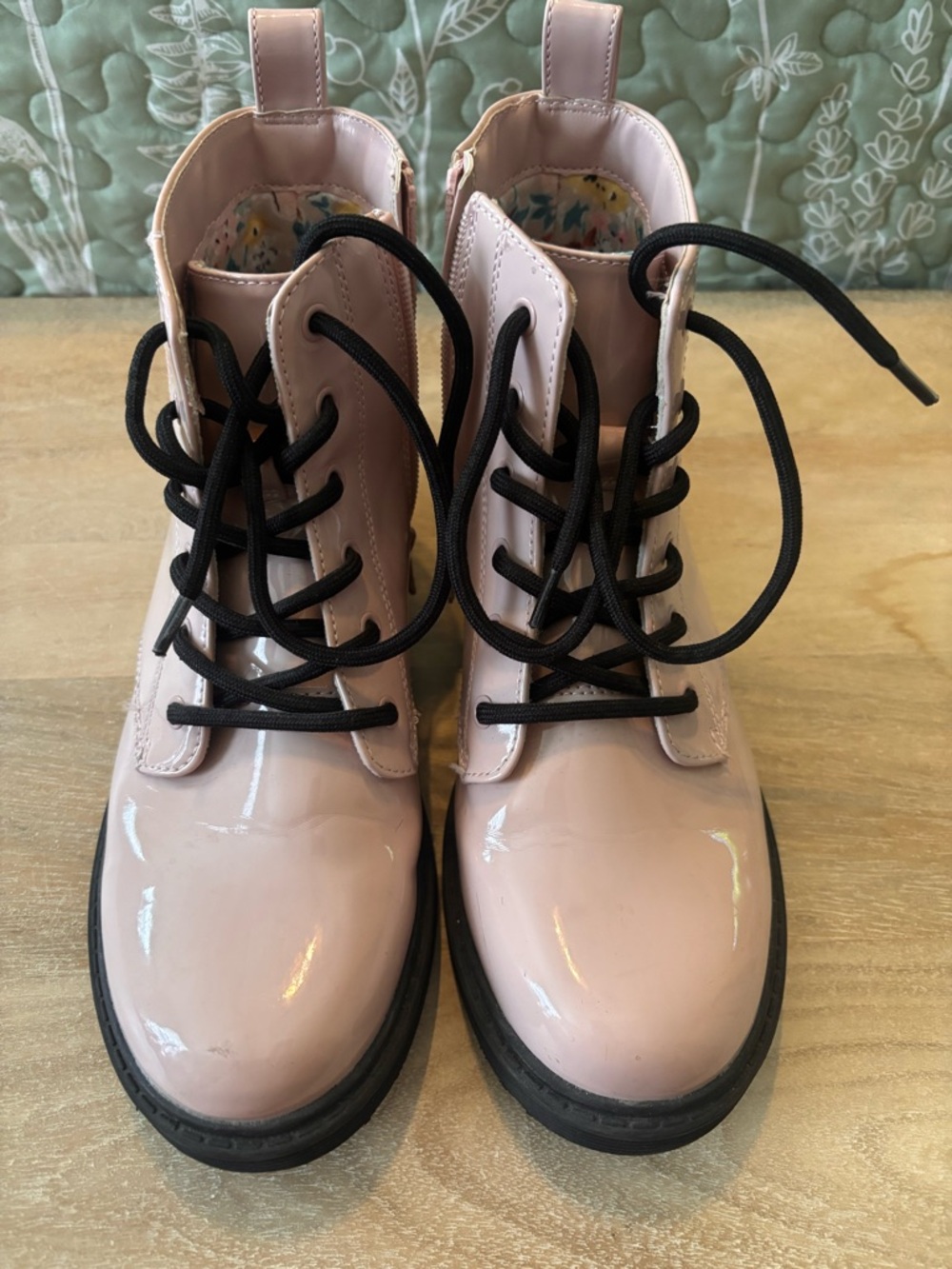Girls Patent Pink Lace-Up Combat Boots